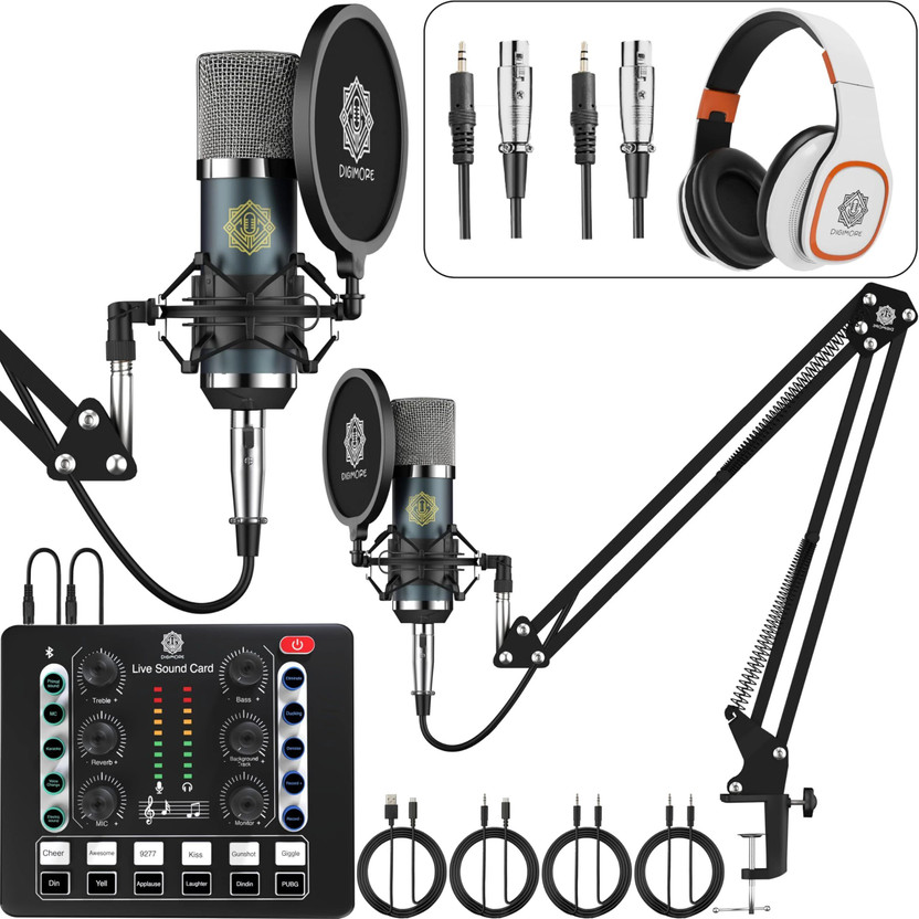 Digimore D-442 Dual Condenser Mic Kit w Interface & Headphones for Podcast, Singing Microphone