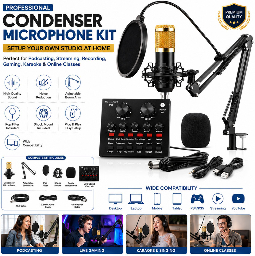 MOOZMOB Live Streaming Condenser Studio Mic with Sound Card for Singing Voice Recording Microphone