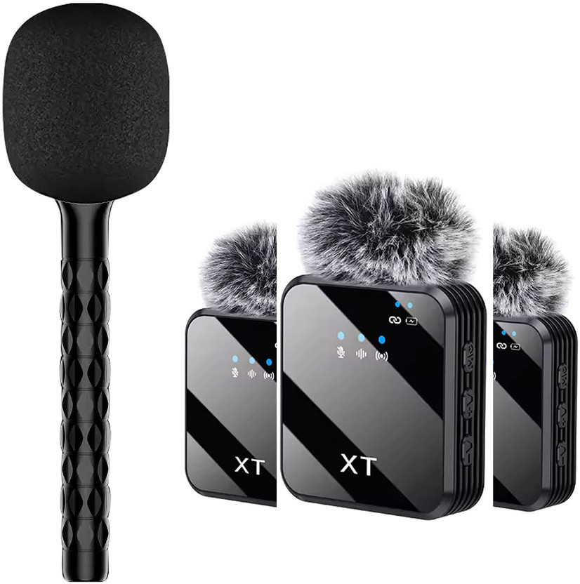 MOBIZAC Microphone Handheld Stick with Professional Dual Wireless Mic and Muff Superior Noise Reduction Collar Mic for Mobiles DSLRs GoPro Cameras Laptops(Black)