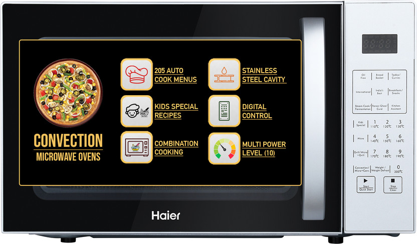 Haier 22 L 205 Auto cook Menus, KIDS special Recipes, 10 Power Levels, 4 Combination Cooking, Multistage Cooking, Auto Defrost, Child Lock Convection Convection Microwave Oven(HIL2201CSSH, Black, Silver)