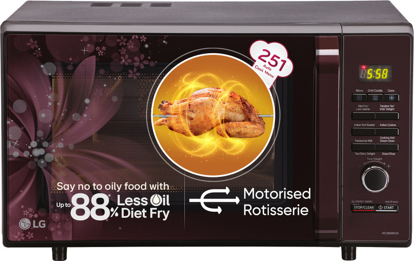 LG 28 L with Diet Fry, Auto Cook Menu, Stainless steel cavity, Pasteurized Milk, 360 degree Motorised Rotisserie for Bar-be-queing, Indian Cuisine, Tandoor Se & Diet Fry Convection Microwave Oven(MC2886BRUM, Black)