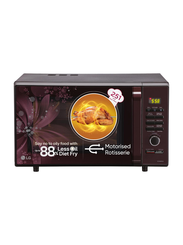LG 28 L with Diet Fry, Auto Cook Menu, Stainless steel cavity, Pasteurized Milk, 360 degree Motorised Rotisserie for Bar-be-queing, Indian Cuisine, Tandoor Se & Diet Fry Convection Microwave Oven(MC2886BRUM, Black)