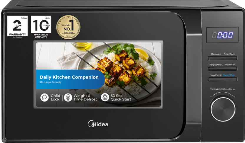 Midea 20 L 5 Microwave Power Level, Defrosting By Weight or Time, 6 Auto Cook Menu, Multi Stage Cooking, Child Lock Solo Microwave Oven(MMO20CXA-AMPEBK, Black)