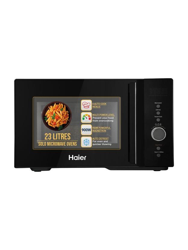 Haier 23 L 900W Magnetron Power 8 Auto Cook Menus Digital Control with Jog Dial 5 Power Levels Defrost Function HIL2301MBEJ Solo Microwave Oven(HIL2301MBEJ, Black)