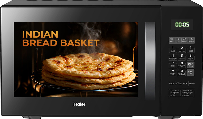 Haier 23 L with 205 Auto cook menus, Paneer/Ghee/Curd making, Bread basket zone, Combination Cooking, Multi stage cooking, Fermentation, Grilling, Reheating & Defrost , Deodorizer/ Lemon clean, Child Lock, Convection Microwave Oven(HIL2302CRSH:IN/MWO/DL, Black)