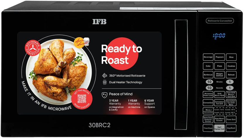 IFB 30 L 101 Standard Cook Menus, 360 Degree Motorized Rotisserie, Weight Defrost, Steam Clean, Grill & Multi-Stage Cooking Convection Microwave Oven(30BRC2, Black)