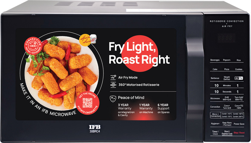 IFB 30 L Multi-Stage Cooking Rotisserie, Grill & Convection Microwave with Air Fry, Cooling System, 10 Power Levels, Fermentation mode, 125 Auto Cook Menus, Auto Defrost, Auto Reheat Convection Microwave Oven(30BRC4, Black)