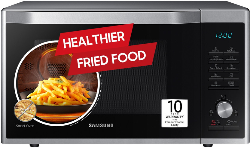 Samsung 32 L Slim Fry, Curd Making, Ceramic Enamel Cavity, Drop down door Convection Microwave Oven(MC32A7035CT, Silver)