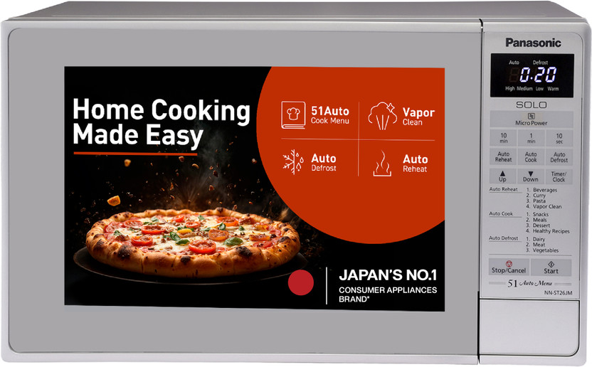 Panasonic 20 L 51 Auto Cook Menu, Steam Clean, Auto Deforst and Reheat, Child Lock Solo Microwave Oven(NN-ST26JMFDG, Silver)