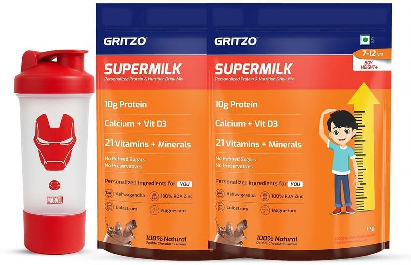 Gritzo SuperMilk Height+ (7-12y Boys), 10g Protein Powder, Double Chocolate Price in India - Buy Gritzo SuperMilk Height+ (7-12y Boys), 10g Protein Po