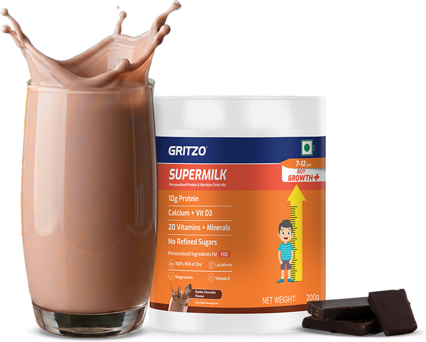 Gritzo SuperMilk Growth+ (7-12y Boys), 10g Protein Powder, Double Chocolate(200 g)