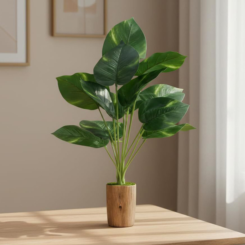 Ryme Ryme 12 Leaves Artificial Plant With Natural Wooden Pot Wild Artificial Plant  with Pot(30 cm, Green) - Flipkart Deal