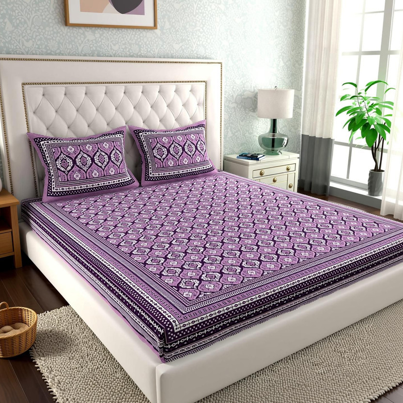 CLOTHOLOGY CLOTHOLOGY Cotton Double Flat 144 TC Jaipuri Prints 1 Summer Bedsheet with 2 Pillow Covers(Lavender, Crisp White, Deep Indigo) - Flipkart Deal