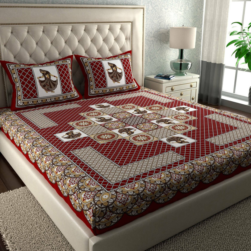 CLOTHOLOGY Cotton Double Flat 144 TC Printed 1 Summer Bedsheet with 2 Pillow Covers(Crimson Red, Warm Beige, White)