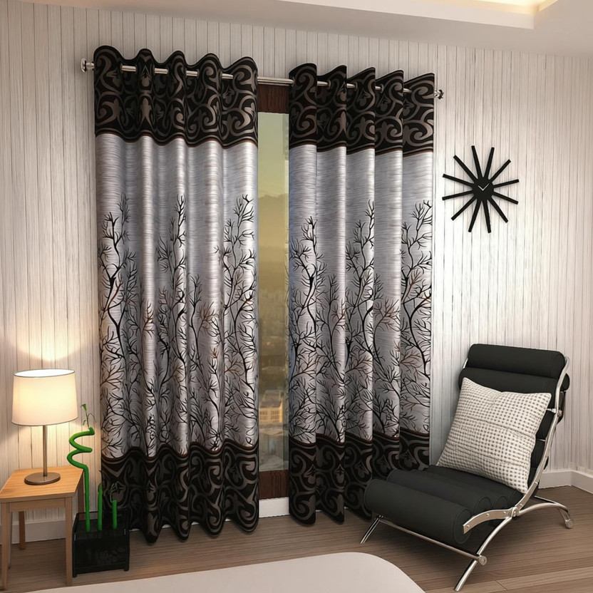 Home Sizzler 153 cm (5 ft) Window Polyester Semi Transparent Curtain (Pack Of 2)(Brown, Printed)