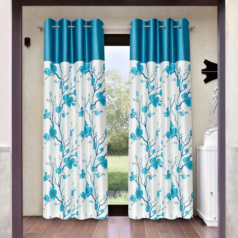 Fashion String 153 cm (5 ft) Window Polyester Semi Transparent Curtain (Pack Of 2)(Aqua, Floral)
