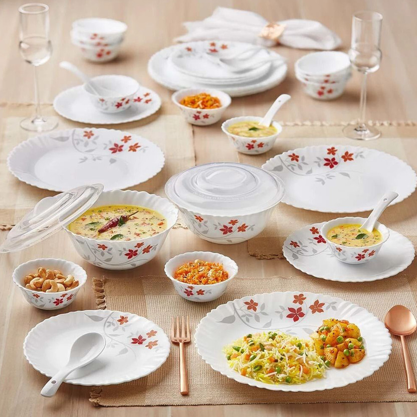 Larah by Borosil Pack of 34 Opalware 34 N D/SET ROSALIE GALAXY Dinner Set(Orange, Red, Grey, Microwave Safe)