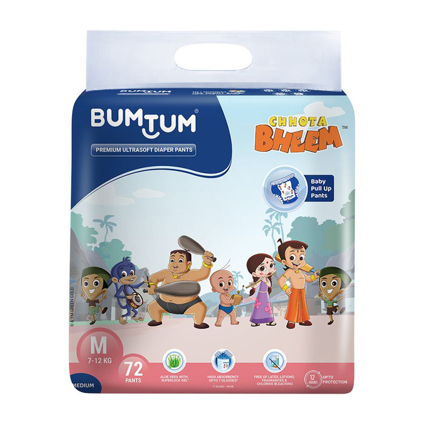 BUMTUM Chhota Bheem Premium with Aloe Vera Extracts, Wetness Indicator Pant Diapers - M(72 Pieces)