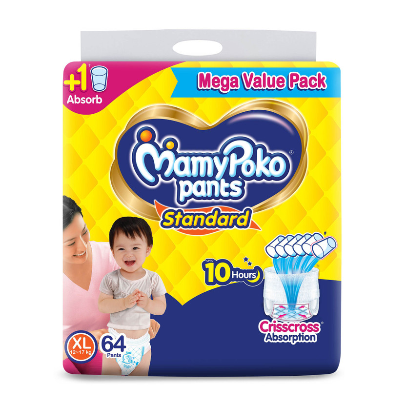 MamyPoko Pants Standard, 10hr Leakage Protection Pant Diapers - XL(64 Pieces)