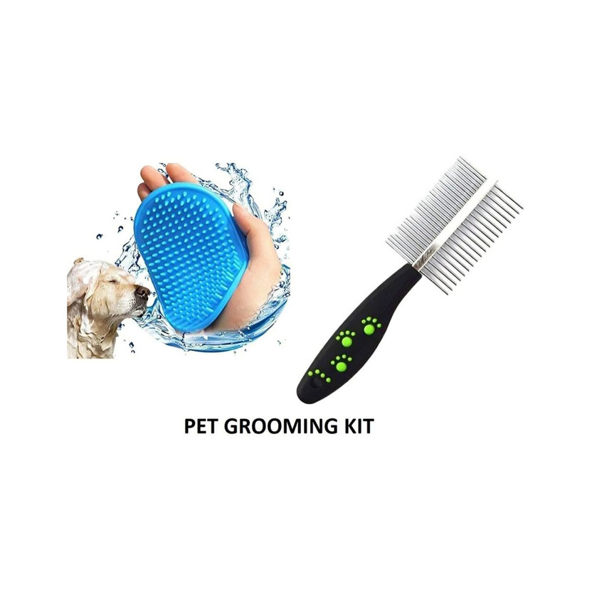 PetJoy Double Sided Steel Shedding Comb with Bath Scrub Glove, Pet Grooming Kit Basic Comb for  Dog & Cat
