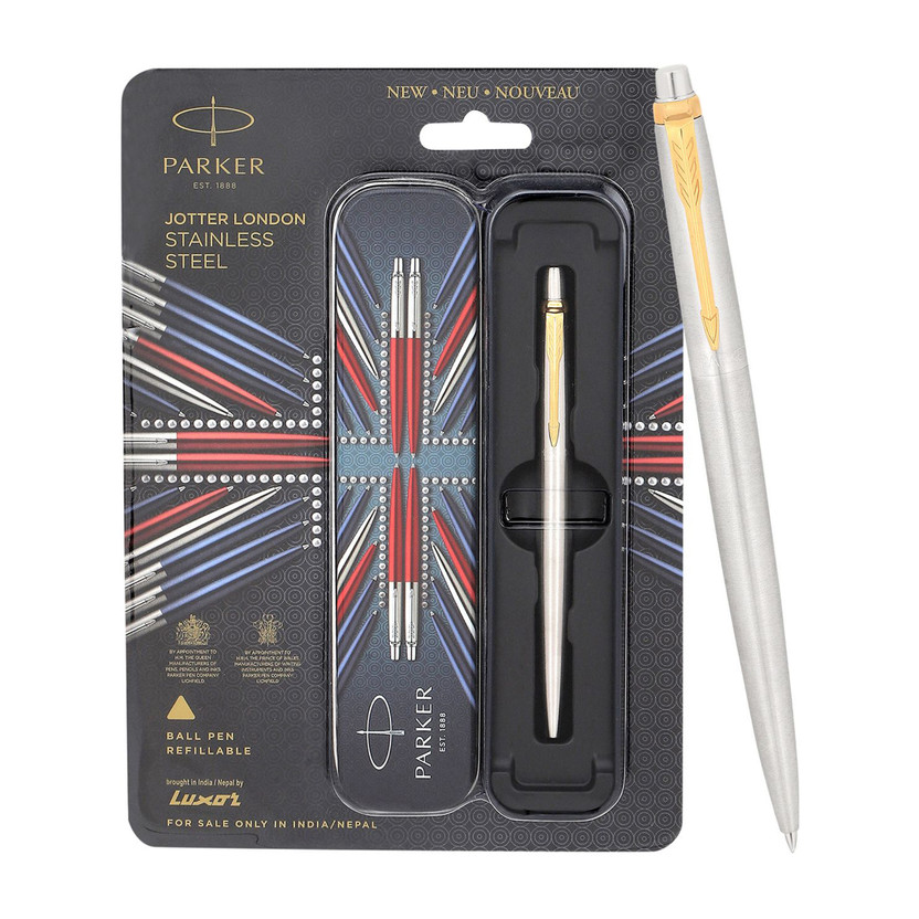 PARKER Jotter Stainless Steel, Gold Trim Ball Pen(Ink Color - Blue)