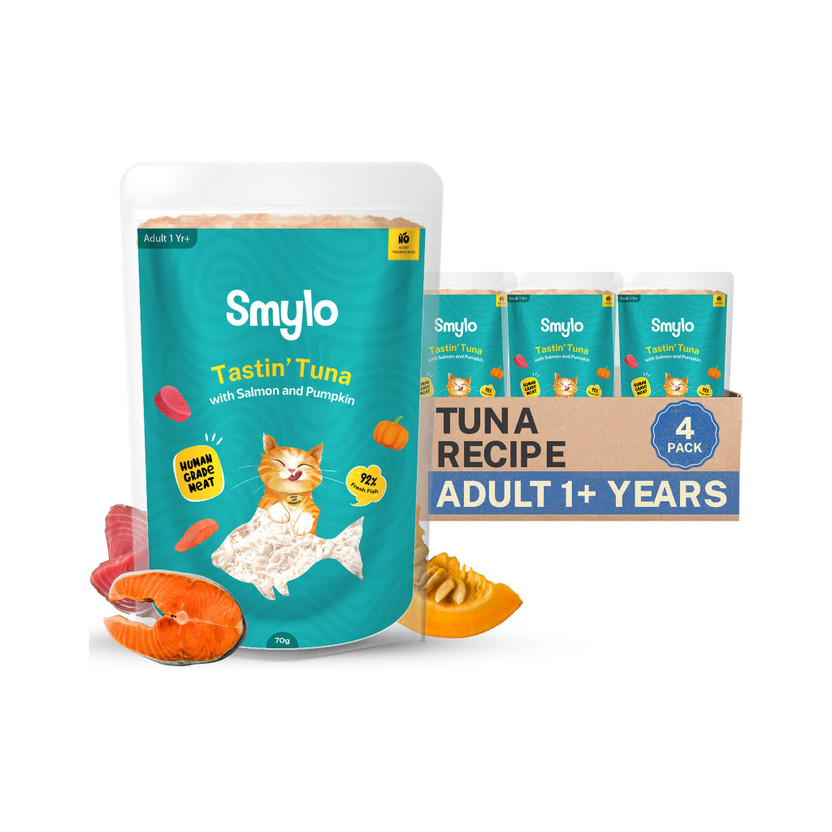 Smylo Smylo Natural Healthy Wet Cat Food (1+ yrs) Tuna, Salmon 0.28 kg (4x0.07 kg) Wet Young Cat Food - Flipkart Deal