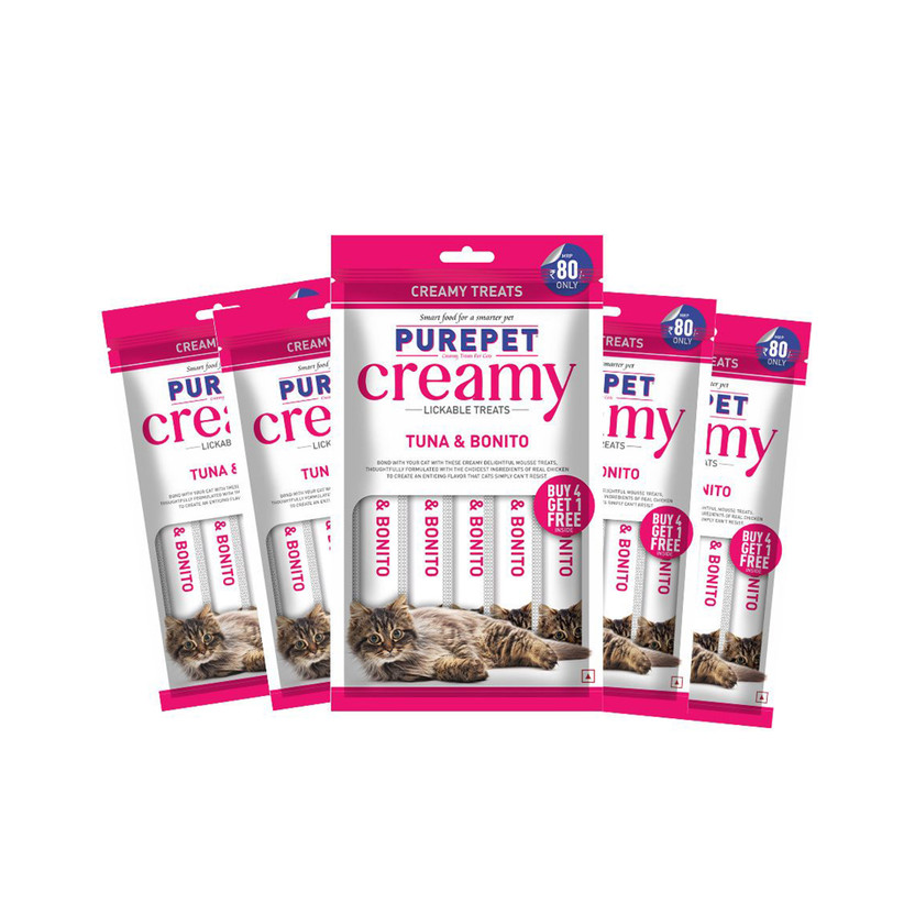 Purepet Purepet Creamy Lickable Treat Bonito and Tuna Cat Treat(0.375 kg, Pack of 5) - Flipkart Deal