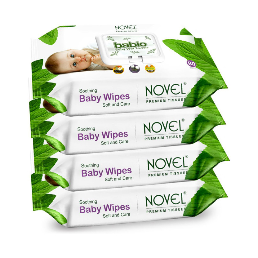 NOVEL Baby Wipes, 80 Sheets, Pack of 4, With Lid(320 Wipes)