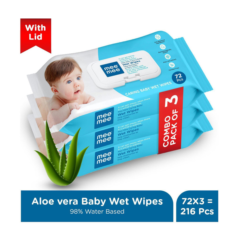 MeeMee Soft Cleansing Baby Wet Wipe with Lid | Aloe vera - Pack of 3(216 Wipes)