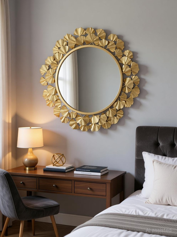 Urban Hamlet Gleaming Ginko Impressions: Golden Iron Mirror Decorative Mirror(Round)