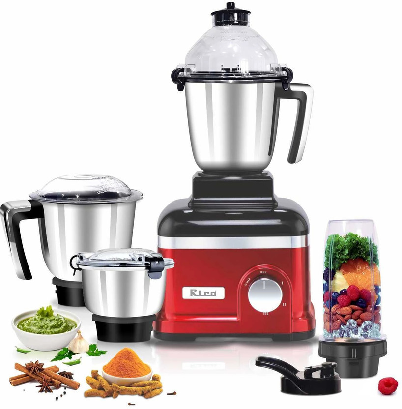 Rico Heavy Duty Mixer Grinder | 2 Years Warranty | Japanese Technology & Whip Mode| 1000 W Mixer Grinder(MG2409 Mixer grinder 1000W with High-Speed Motor and Multi-Purpose Jars | 4 Jars | Red and Black)