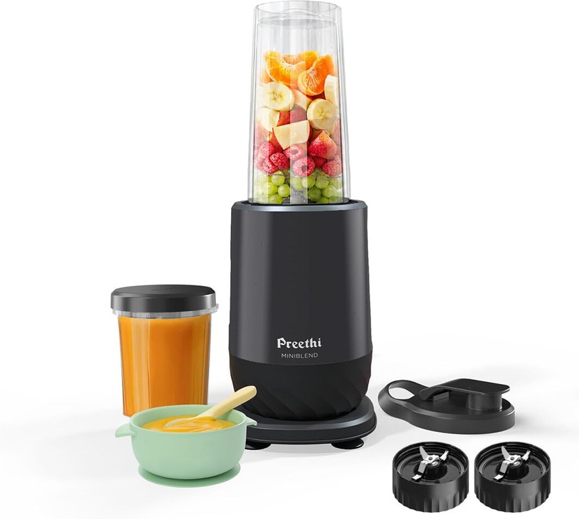 Preethi Mini Blender 300 W Juicer Mixer Grinder(MB 001 | 2 Jars | Perfect for Smoothies, Purees, Baby Food | Grinding | Leak Proof Jars | Grey)