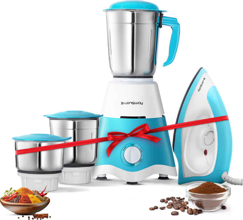 Longway Super Dlx with Kwid 1100 Watt Dry Iron Combo 500 W Juicer Mixer Grinder(Super | 3 Jars | White, Blue)