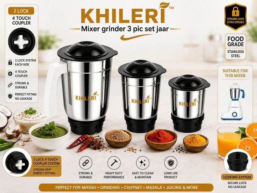 Khileri Premium Mixer Grinder Jar 3 Piece Set with 2-Lock & 4-Teeth Coupler Mixer Juicer Jar(1450 ml)