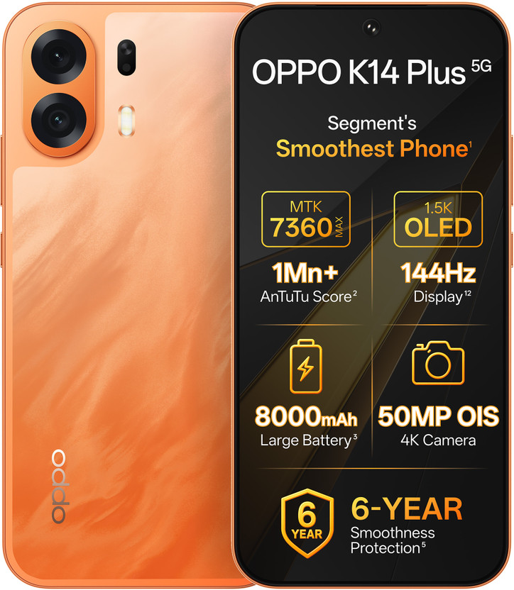 Oppo OPPO K14 Plus 5G (Solar Orange, 256 GB)(8 GB RAM) - Flipkart Deal