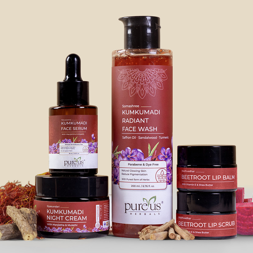 Pureus Pureus Herbals Somashree Kumkumadi Glow Kit – Cream, Face Wash, Lip Balm, Scrub & Oil(310 ml) - Flipkart Deal