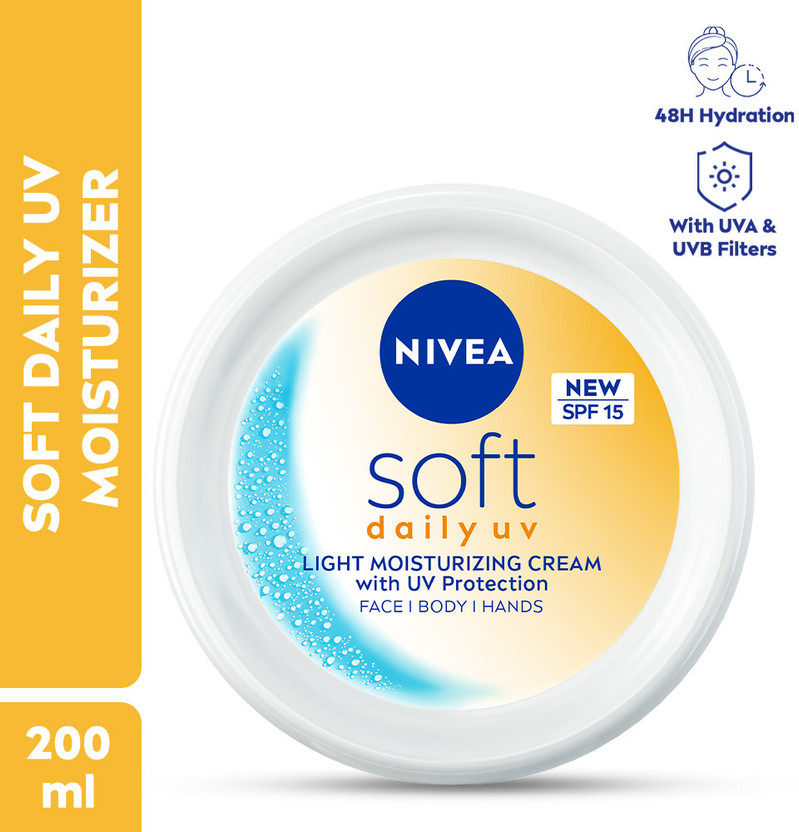 NIVEA Soft Daily UV Light Moisturizer Cream with SPF-15, Face Hand & Body, Men & Women(200 ml)