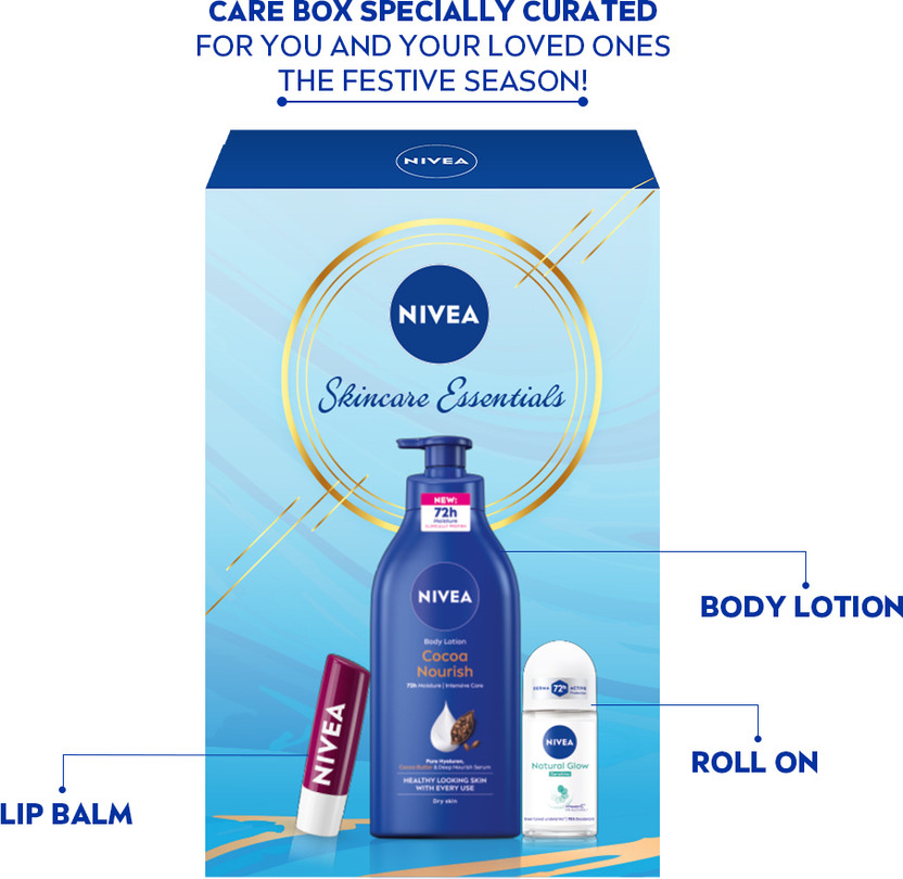 NIVEA Cocoa Body Lotion + Black Berry Lip Balm + Sensitive Roll On, 654.8ml PO3(654.8 ml)