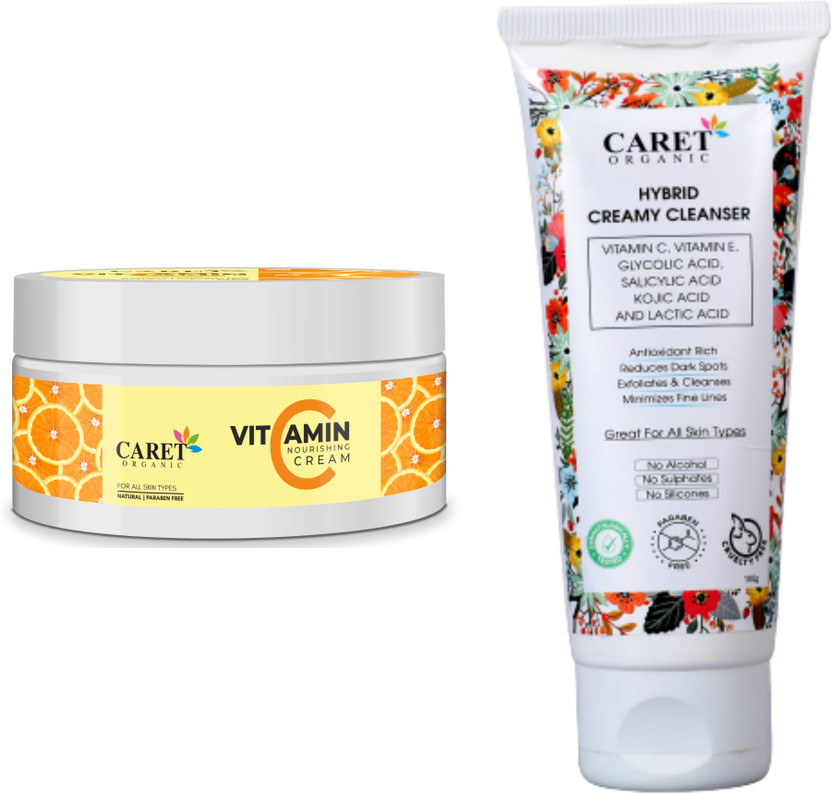 Caret Organic Vitamin C Nourishing Cream(100G) AND Hybrid Creamy Cleanser (100ML)-Paraben Free(200 ml)