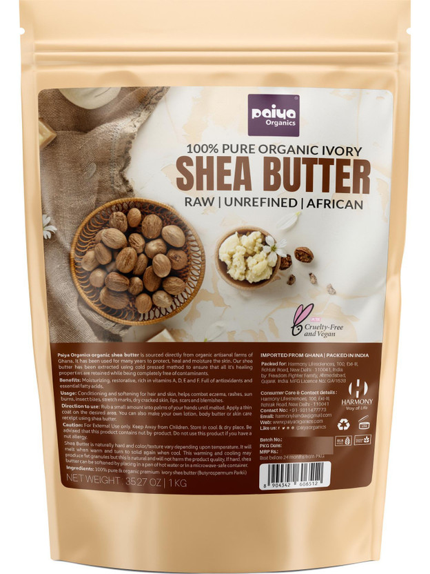 paiya organics 1Kg Organic Shea Butter Raw & Unrefined For Skin & Hair, Super Saver Pack(1 kg)