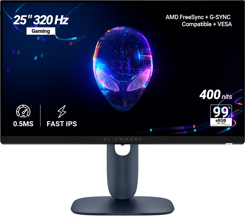 Dell DELL Alienware Series 63.5 cm (25 inch) Full HD LED Backlit IPS Panel with AMD FreeSync Premium, 2 HDMI, DP1.4, USB 5Gbps 3 Ergonomic, 1000:1 Contrast, 99% sRGB, 400nits Brightness Gaming Monitor (AW2525HM)(NVIDIA G Sync, Response Time: 0.5 ms, 320 Hz Refresh Rate) - Flipkart Deal