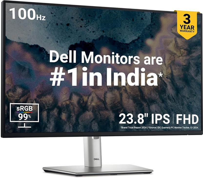DELL 60.96 cm (24 inch) Full HD IPS Panel 99% sRGB, 250 nits brightness , 3H Hardness, Gray-To-Gray (Fast mode) ,1x HDMI 1.4, 1x DP 1.2, 1x VGA, 5X USB 3.2 Gen1 ports, USB Type-C Downstream, Tilt/Swivel/Pivot/Height Adjustment Monitor (P2425H)(Response Time: 5 ms, 100 Hz Refresh Rate)