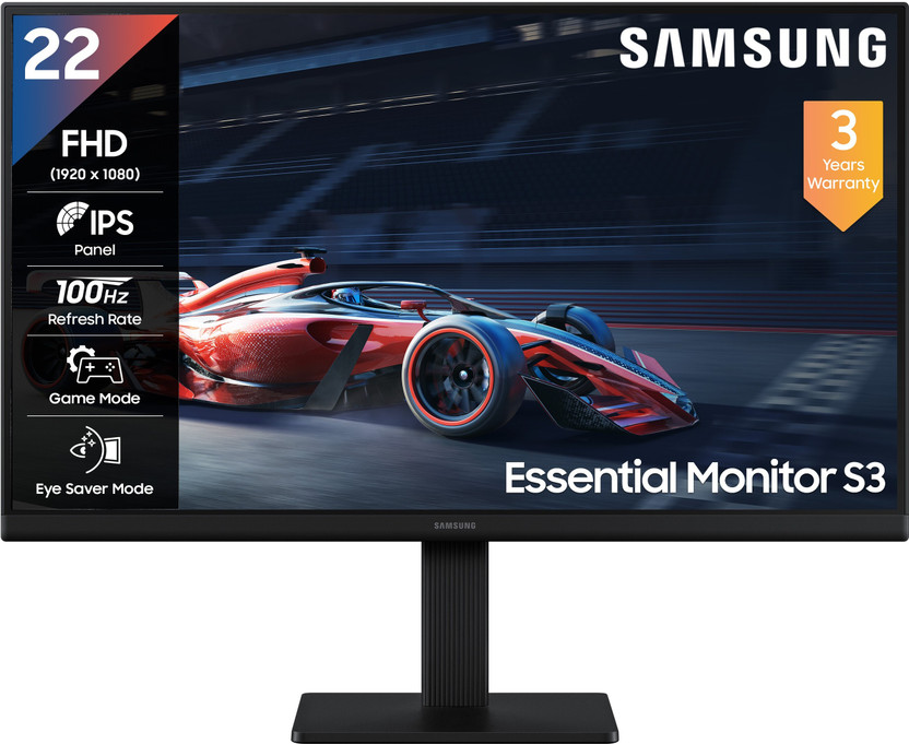 Samsung S3 54.6 cm (22 inch) Full HD LED Backlit IPS Panel with Super Slim Borderless Design, Ports-HDMI, VGA, Game Mode, Eye Saver Mode, Wall Mountable, Black Monitor (LS22D300GAWXXL)(Response Time: 5 ms, 100 Hz Refresh Rate)