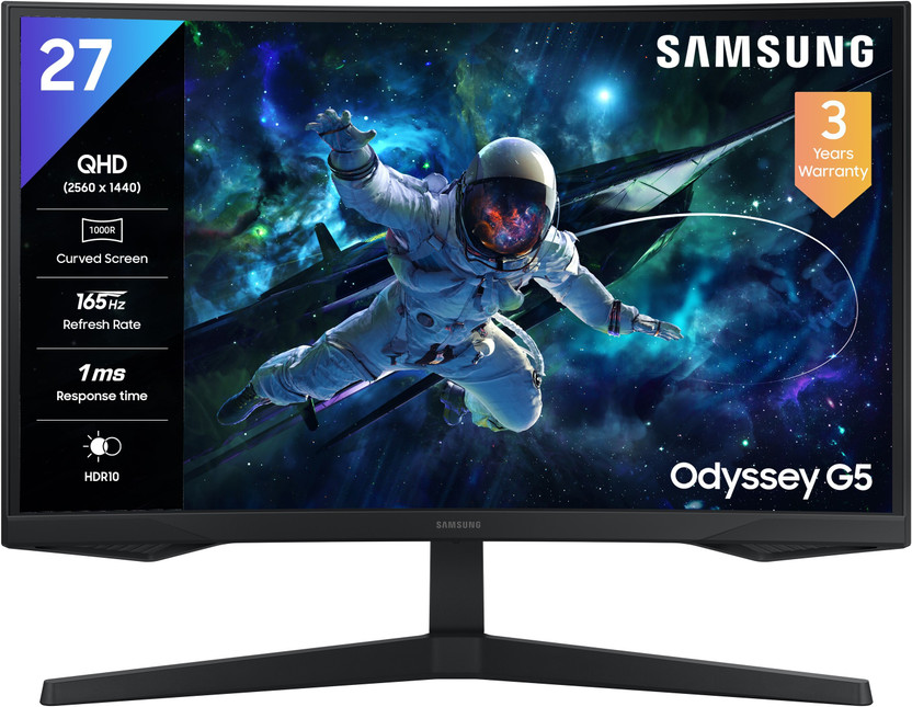 Samsung Odyssey G5 Curved 68.4 cm (27 inch) Curved Quad HD LED Backlit VA Panel with HDR10, 1000R curvature, 300 nits brightness, Ports-HDMI,DP,Headphone, DP Cable Monitor (LS27CG550EWXXL)(AMD Free Sync, Response Time: 1 ms, 165 Hz Refresh Rate)