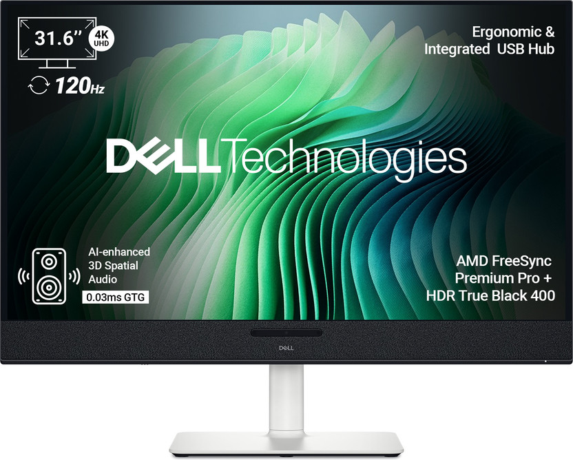 DELL S Series 81.28 cm (32 inch) 4K Ultra HD OLED Panel with AI-enhanced 3D Spatial Audio, 99% DCI-P3, 1,500,000:1, 1000 nits, 5 Speakers, Ergo, Integrated USB Hub,2 USB Type-C (90w upstream,15w downstream) Monitor (S3225QC)(AMD Free Sync, Response Time: 0.03 ms, 60 Hz Refresh Rate)