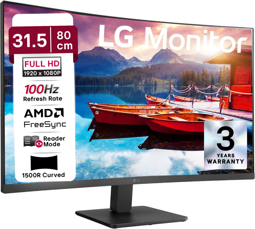 LG 80.01 cm (32 inch) Curved Full HD LED Backlit VA Panel with HDMI X 2, VGA, Headphone Out, Reader Mode, Flicker Safe, Tilt Adjustable, 3-Side Virtually Borderless Monitor (32MR50C-BB.CTRVMR)(AMD Free Sync, Response Time: 1 ms, 100 Hz Refresh Rate)