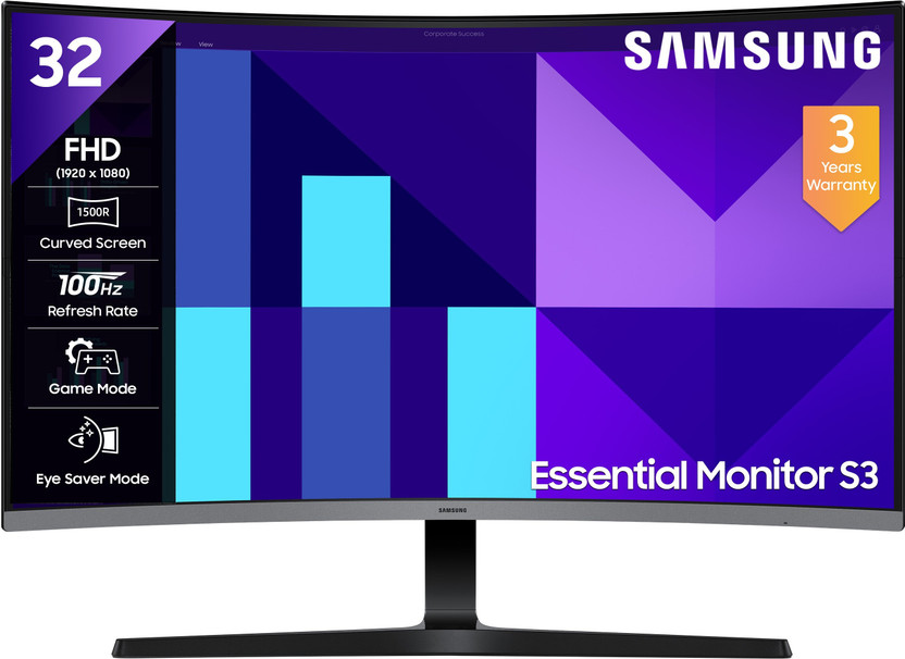Samsung S3 Curved 80.01 cm (32 inch) Curved Full HD LED Backlit VA Panel with 1500R Curvature, D-Sub, HDMI, Headphone Jack Monitor (LS32D390GAWXXL)(Response Time: 4 ms, 100 Hz Refresh Rate)
