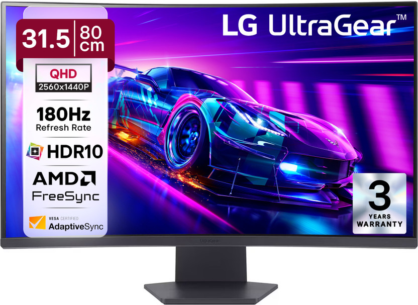 LG UltraGear 81.28 cm (32 inch) Curved Quad HD LED Backlit VA Panel with 1000R Curvature, HDR10, HDMI x 2, DisplayPort, Black Stabilizer Dynamic Action Sync, Crosshair FPS Counter, Borderless Design Gaming Monitor (32GS60QC-BB.CTRRMV)(AMD Free Sync, Response Time: 1 ms, 180 Hz Refresh Rate)
