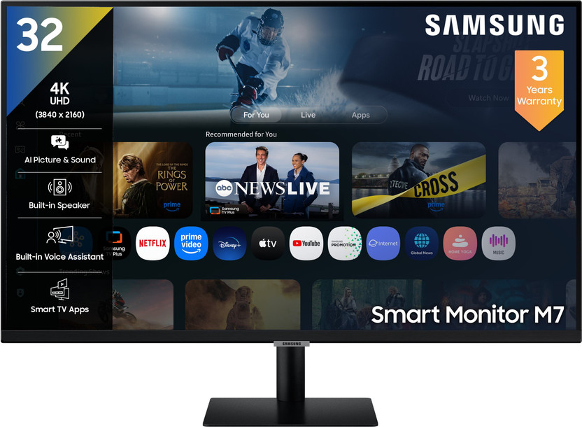 Samsung M7 80.0 cm (32 inch) 4K Ultra HD LED Backlit VA Panel with In-built Speaker, Smart TV Apps, AirPlay, Wi-Fi, Bluetooth, USB, Type-C, Wireless Display, Vision AI Smart Monitor (LS32FM700UWXXL)(Response Time: 4 ms, 60 Hz Refresh Rate)