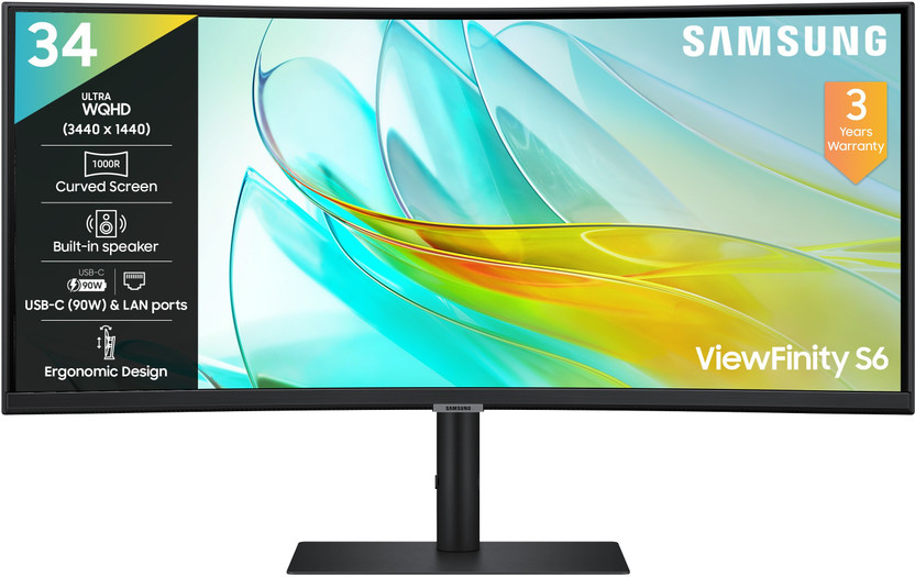 Samsung ViewFinity S6 86.41 cm (34 inches) Curved Full HD VA Panel with Built-In Speaker, DP, HDMI, USB Hub, Type-C Ports, Headphone Jack, LAN, Height Adjustable Stand, Ultra-Wide Monitor (LS34C650UAWXXL)(AMD Free Sync, Response Time: 5 ms, 100 Hz Refresh